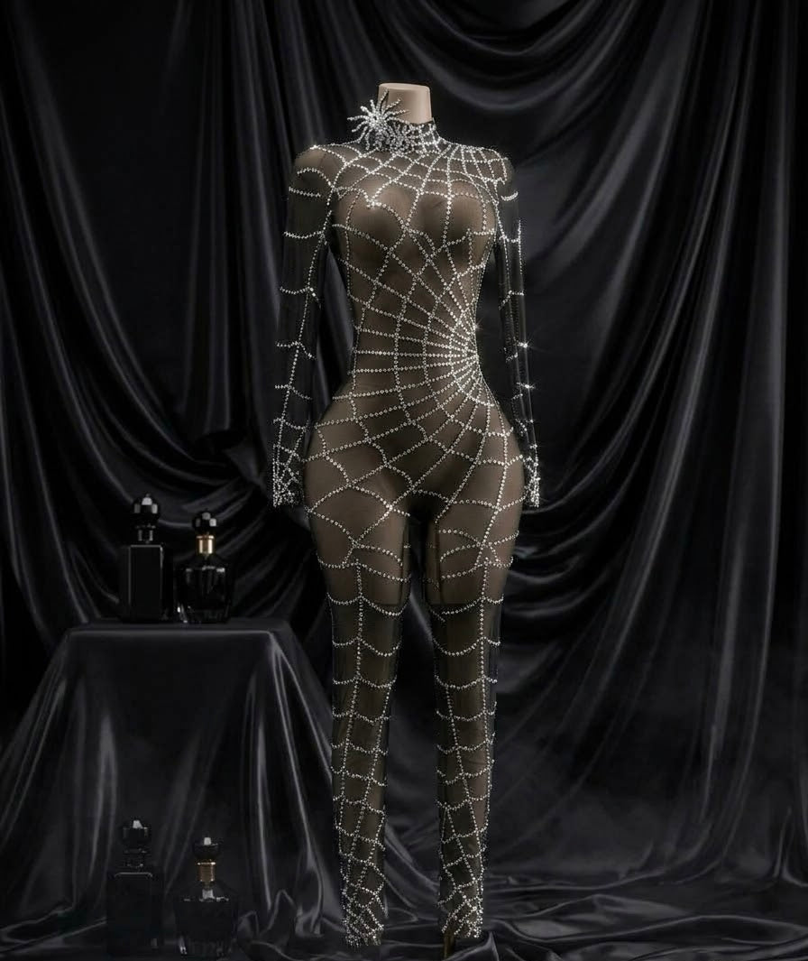 Black Widow Rhinestone Mesh Bodysuit