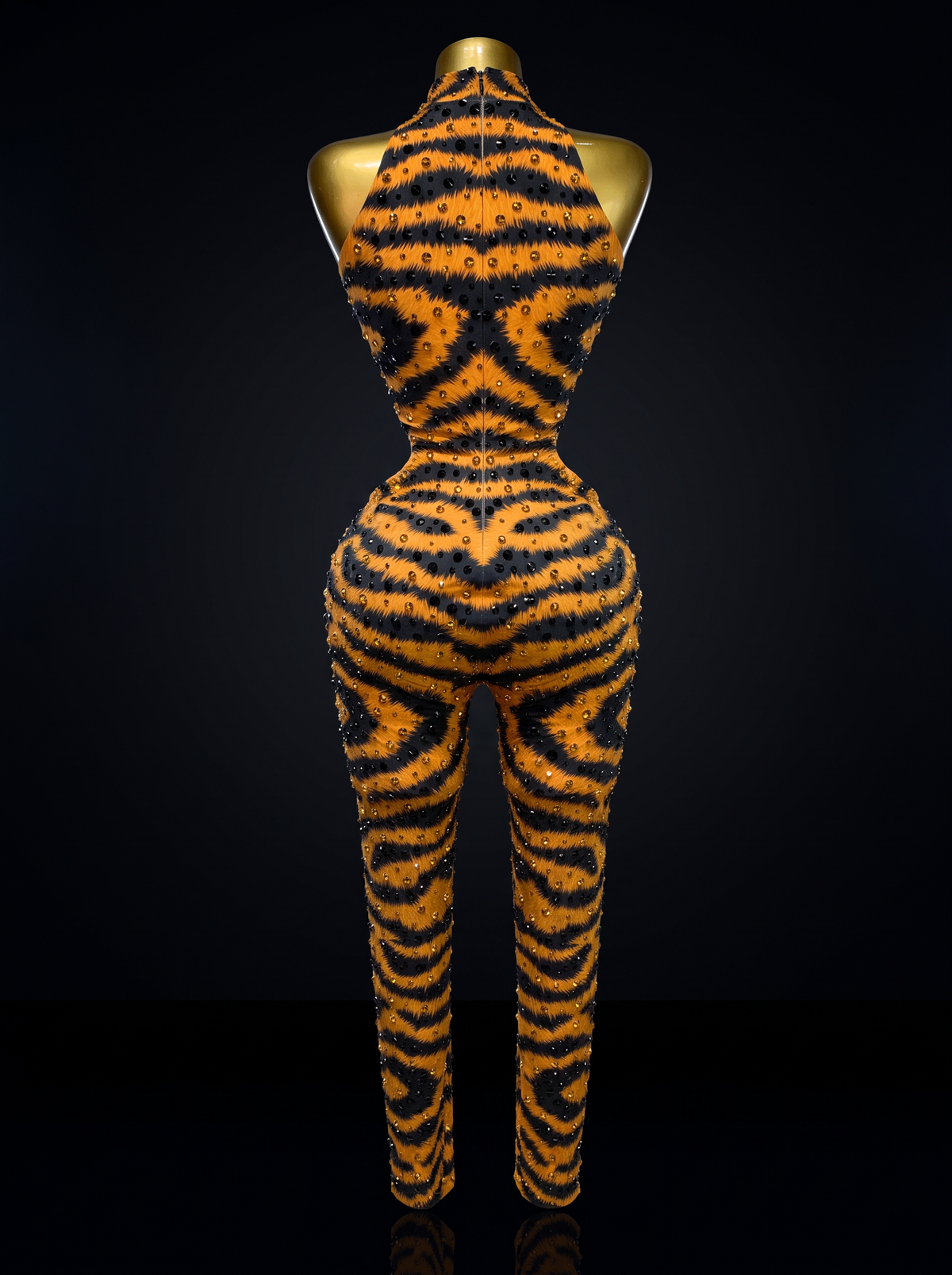 Haunted Elegance: Untamed Tiger Rhinestone Mesh Catsuit⁠