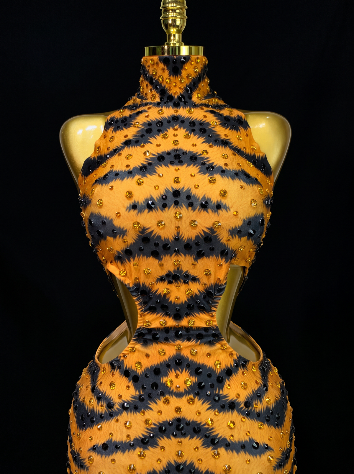 Haunted Elegance: Untamed Tiger Rhinestone Mesh Catsuit⁠
