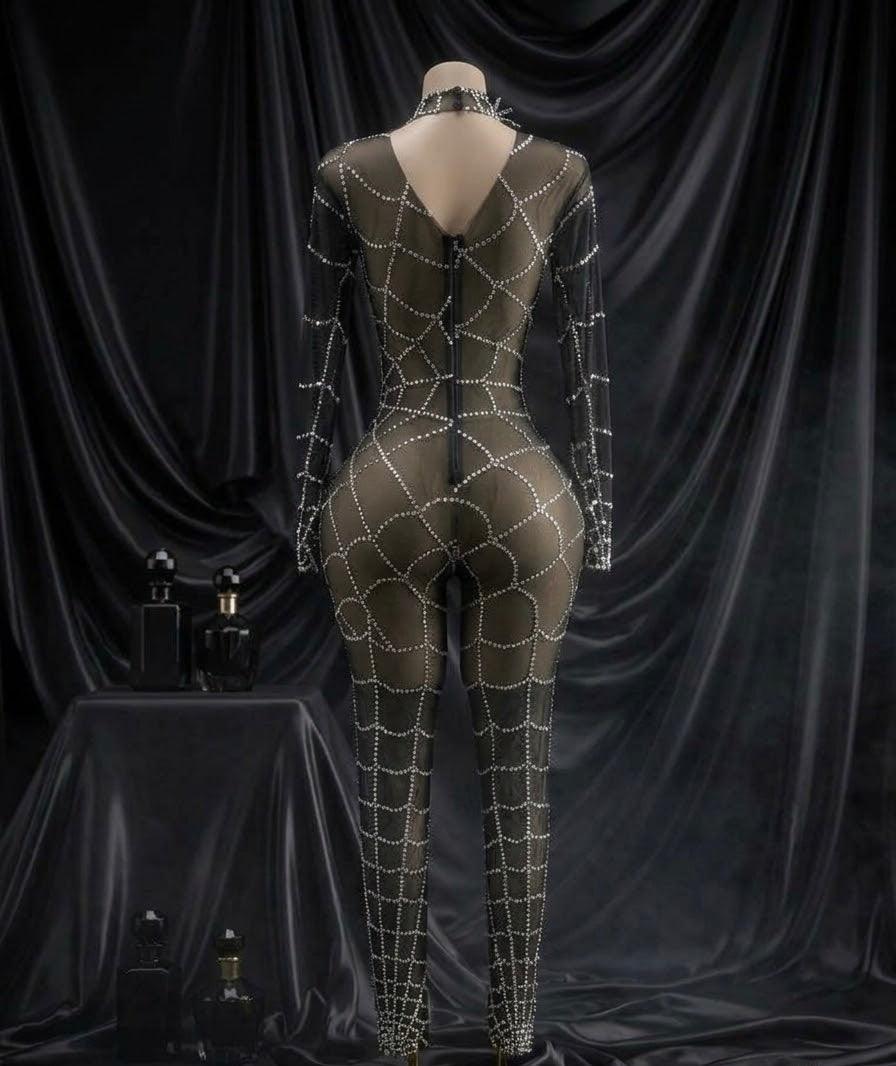 Black Widow Rhinestone Mesh Bodysuit
