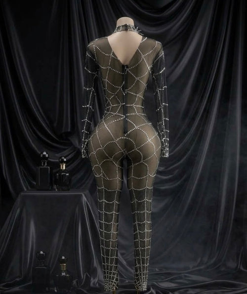 Black Widow Rhinestone Mesh Bodysuit