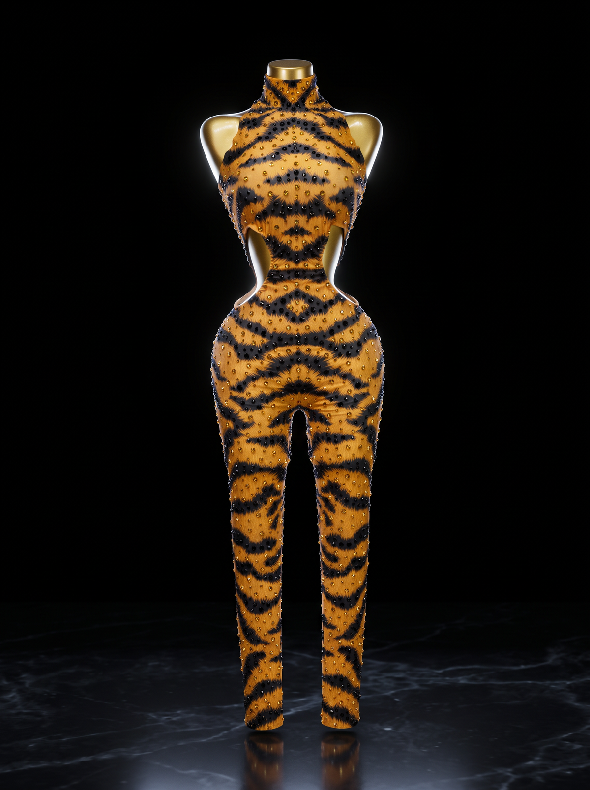 Haunted Elegance: Untamed Tiger Rhinestone Mesh Catsuit⁠