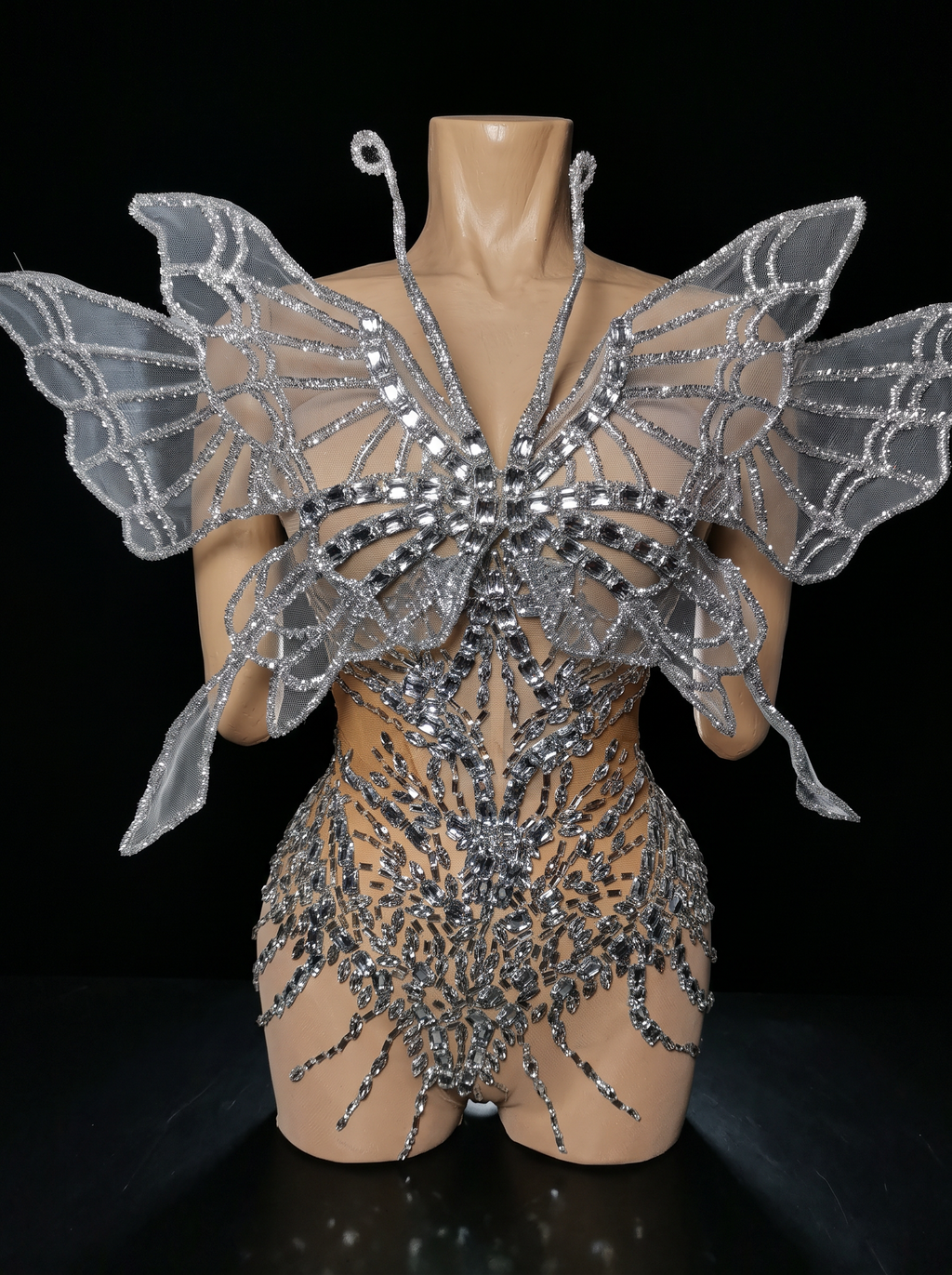 Haunted Elegance: Silver Monarch Crystal Butterfly Bodysuit⁠