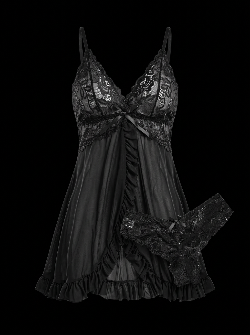 Midnight Romance Ruffle Mesh Babydoll Set